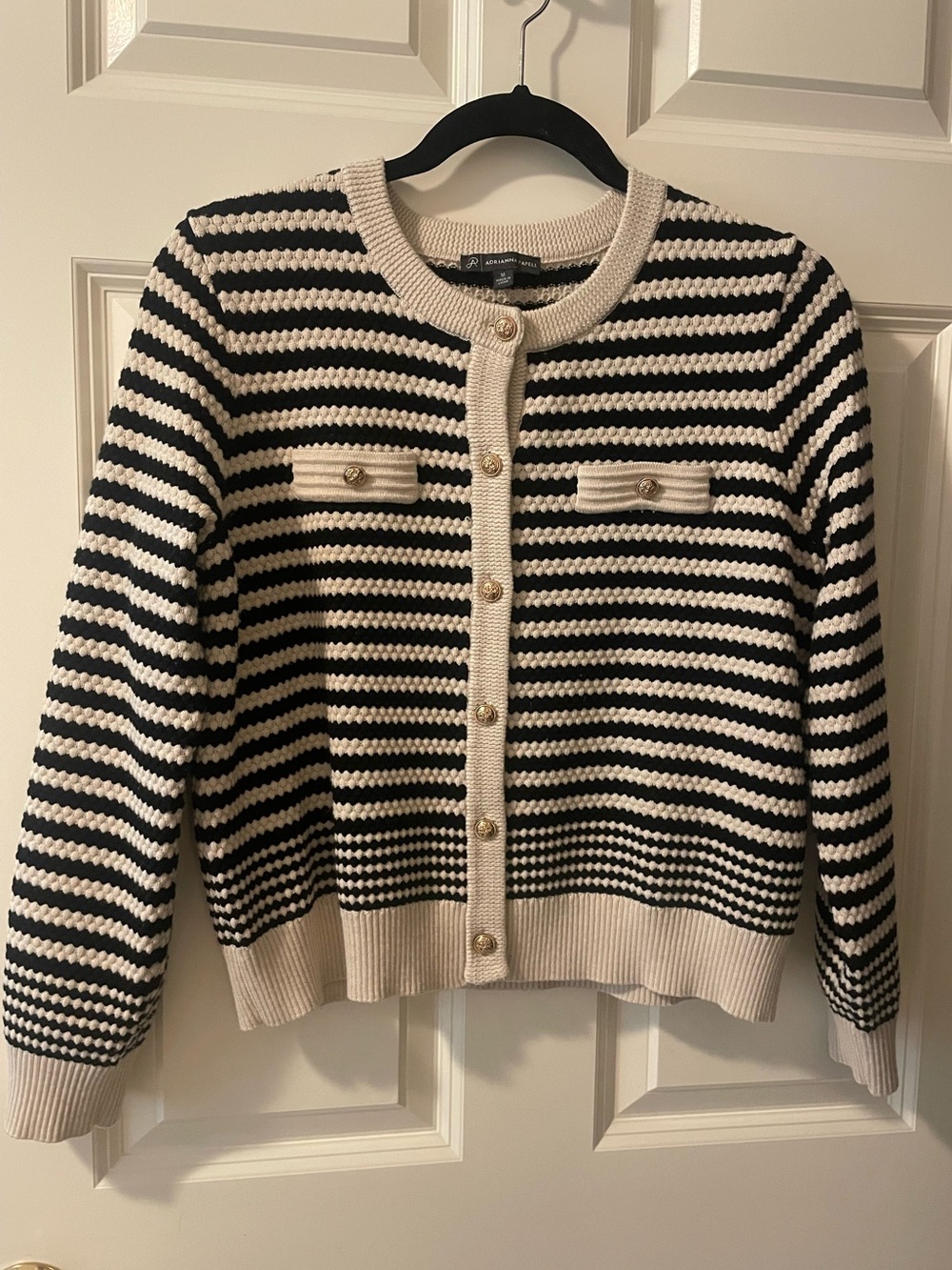 Adrianna Papell Black and Cream Striped Knit Cardigan
